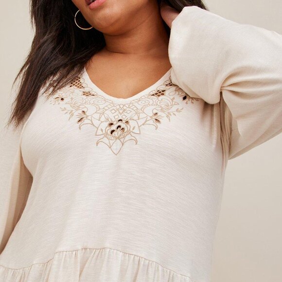 Torrid Cream Babydoll V-Neck Embroidered Long Sleeve Top - Picture 1 of 11